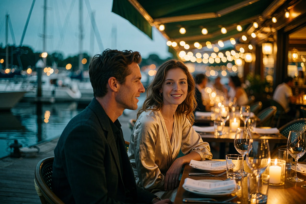 Well-dressed couple at a candlelit waterfront restaurant table in Tampa at blue hour, sharing an easy conversation