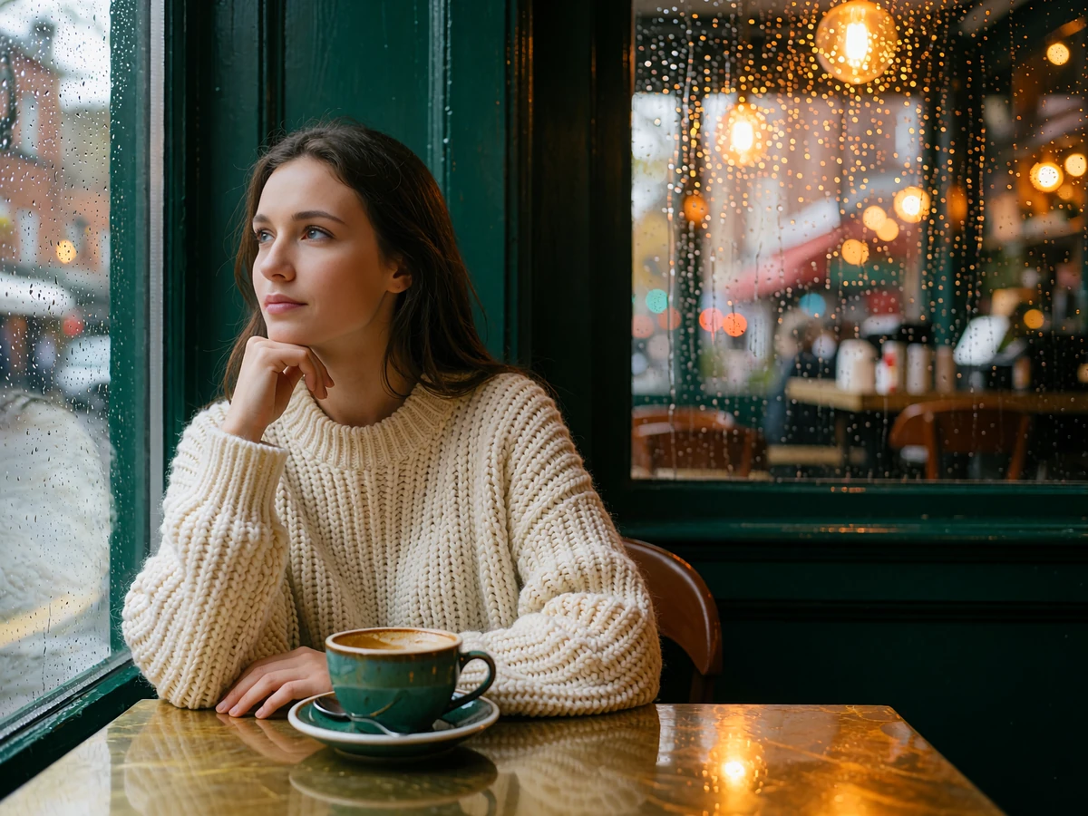Young woman in a cream sweater sitting by a café window in Chicago, thoughtfully reviewing her plans
