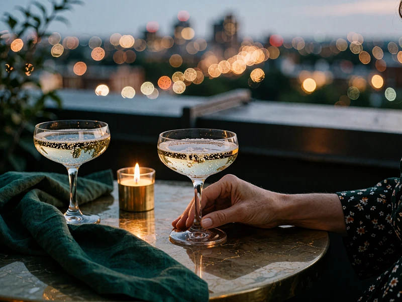 Rooftop lounge table for two at blue hour with coupe glasses, a votive flame and a city skyline behind