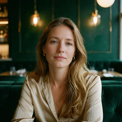Head and shoulders portrait of a woman in a softly lit restaurant, illustrative Orlando scenario avatar