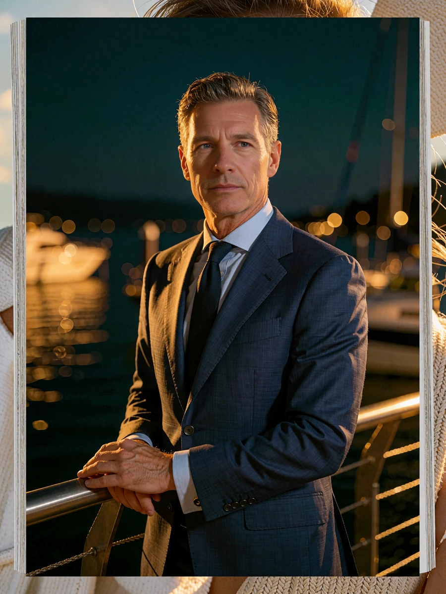 Man in a midnight-blue suit at a lakeside marina railing in Orlando at dusk, demo benefactor profile photo