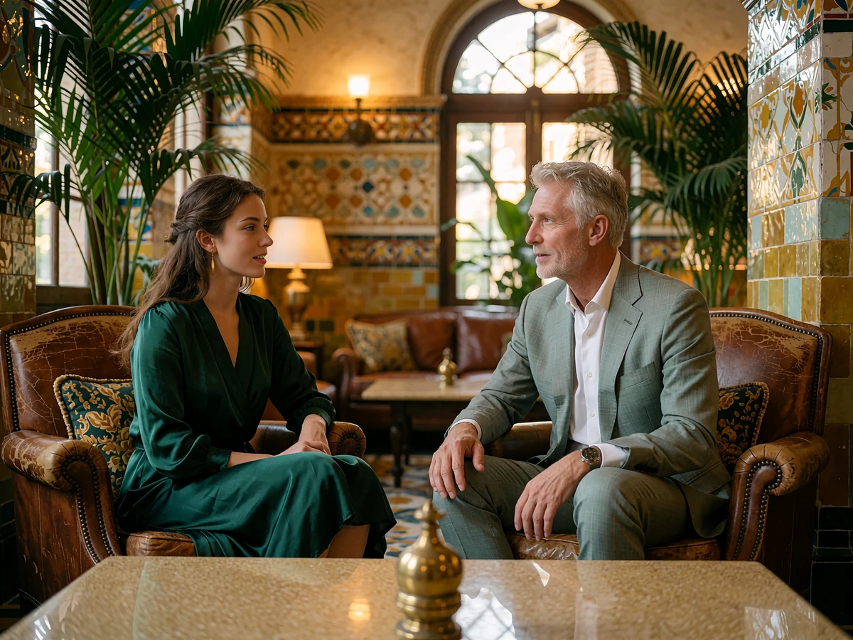 Woman in an emerald silk dress and a well-dressed man conversing in a historic San Antonio luxury hotel lounge