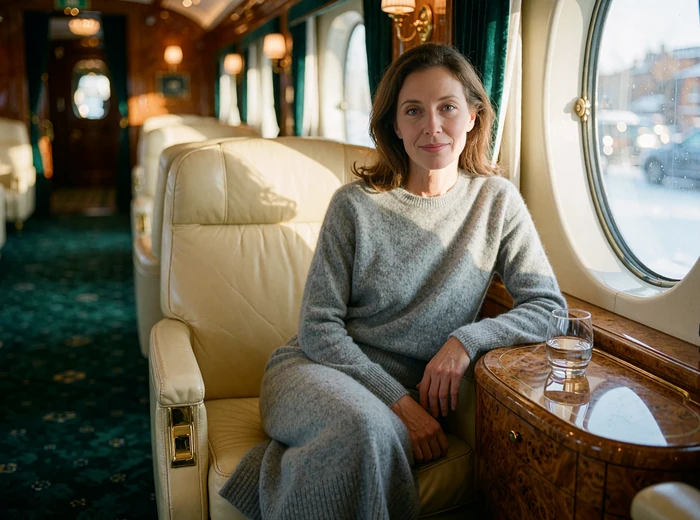 Elegant woman in a cashmere set seated by the window of a private jet cabin in soft daylight