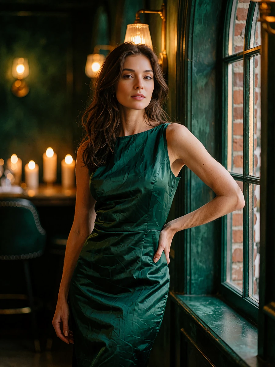 Graceful brunette woman in a fitted emerald midi dress beside an arched window in an upscale Dallas steakhouse bar, illustrative sugar baby profile