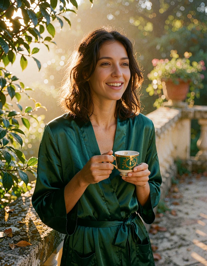 Relaxed woman in a soft green silk robe laughing gently while holding an espresso cup on a hotel terrace