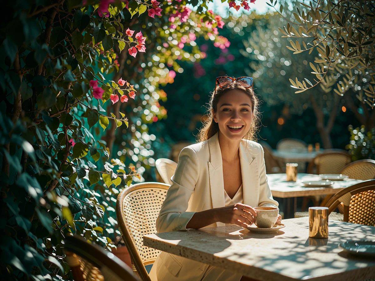 Stylish woman laughing over coffee at a shaded patio table of an upscale Los Angeles restaurant