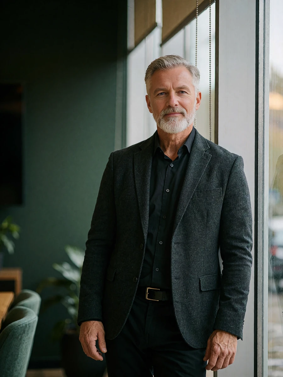 Man with a silver beard in a charcoal blazer standing beside a window in a modern Houston office lounge, illustrative profile