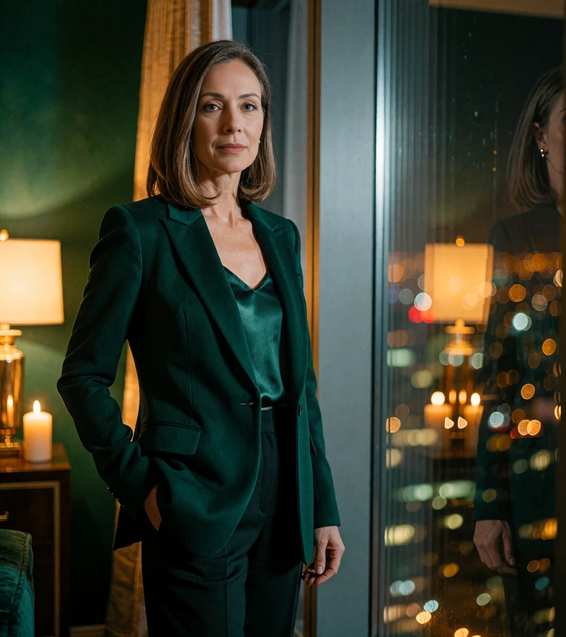 Confident woman in an emerald blazer beside a penthouse window at night, sugar mama dating category