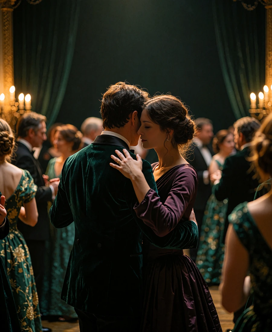 Couple sharing a slow dance among softly blurred guests at an evening gala