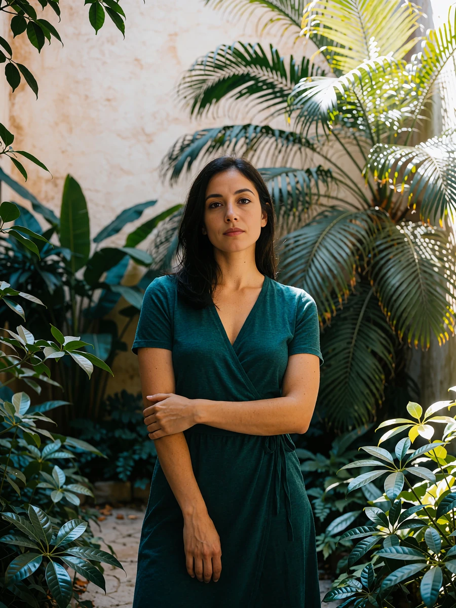 Woman in a teal wrap dress standing in a lush San Diego courtyard garden, illustrative demo sugar baby profile