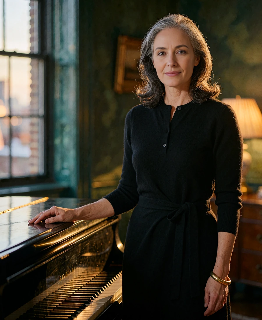Sophisticated woman in a black cashmere dress beside a grand piano in a penthouse living room, demo profile