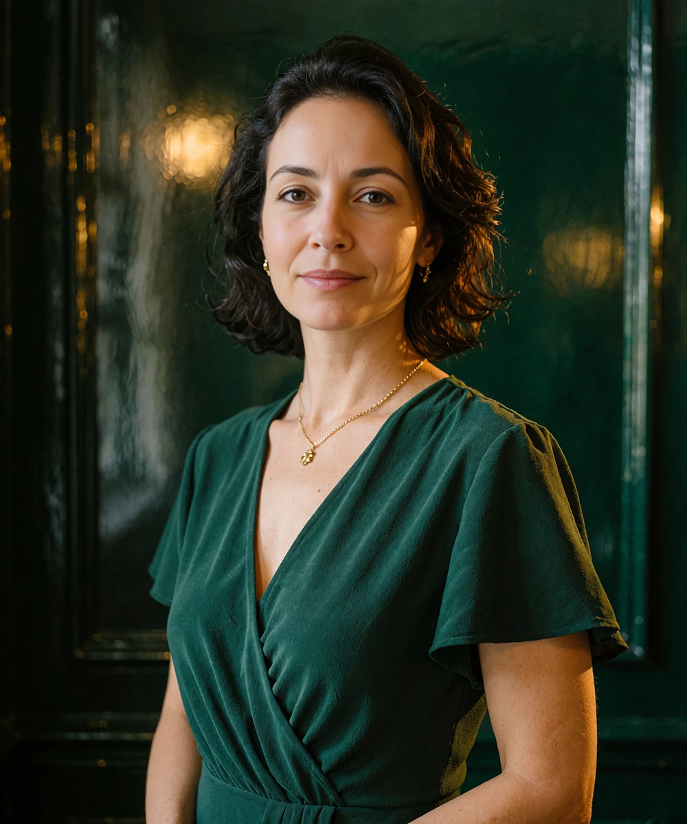 Confident woman in an emerald cocktail dress with gold jewelry, representing a verified SugarLuxeSpace member portrait