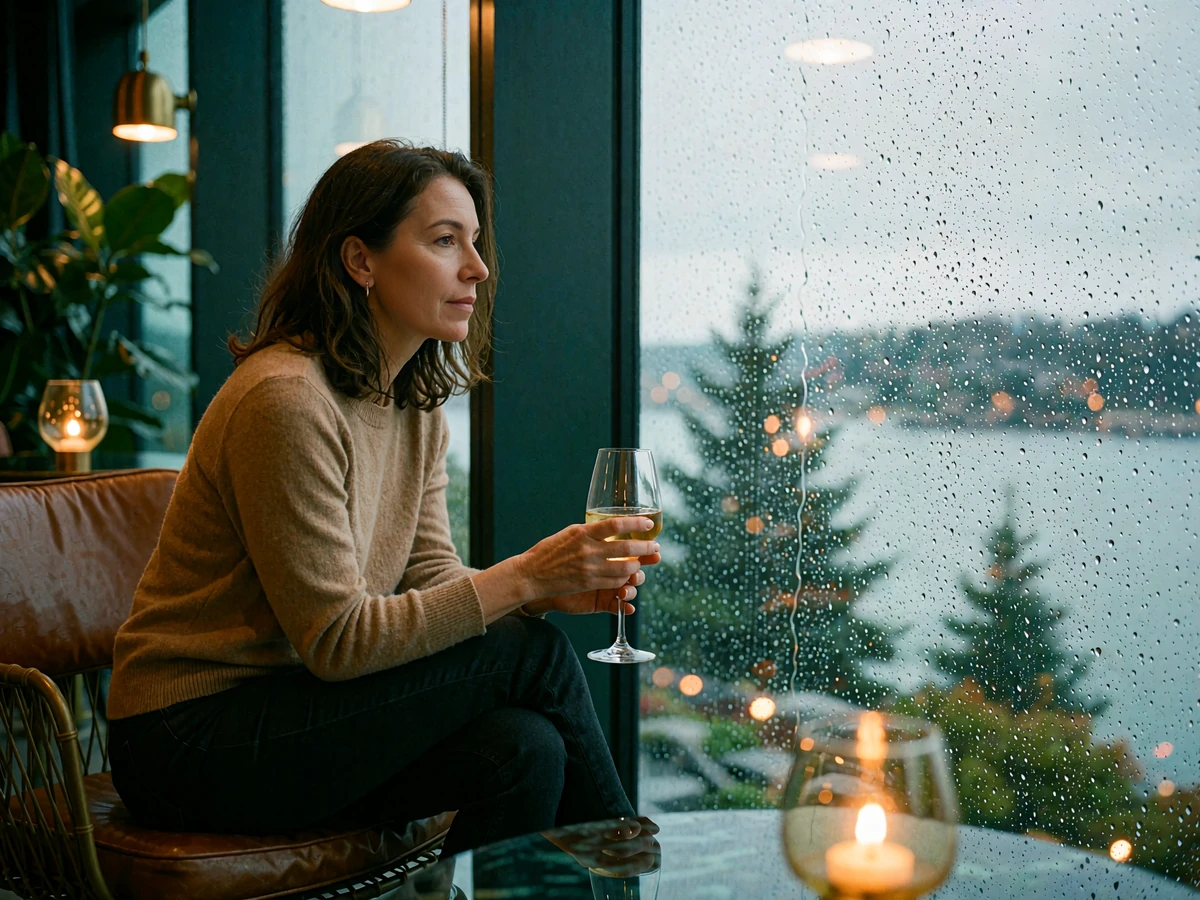 Woman in a camel knit relaxing beside a rain-streaked window in a glass-walled Seattle cocktail lounge at dusk