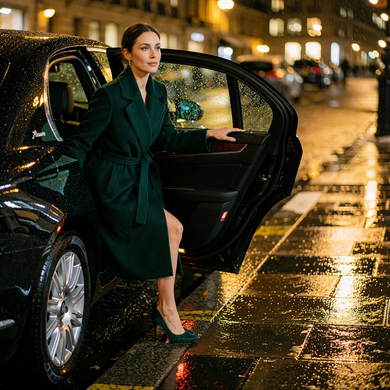 Poised woman in a dark green wrap coat stepping out of a black chauffeured sedan onto a rain-glossed city street