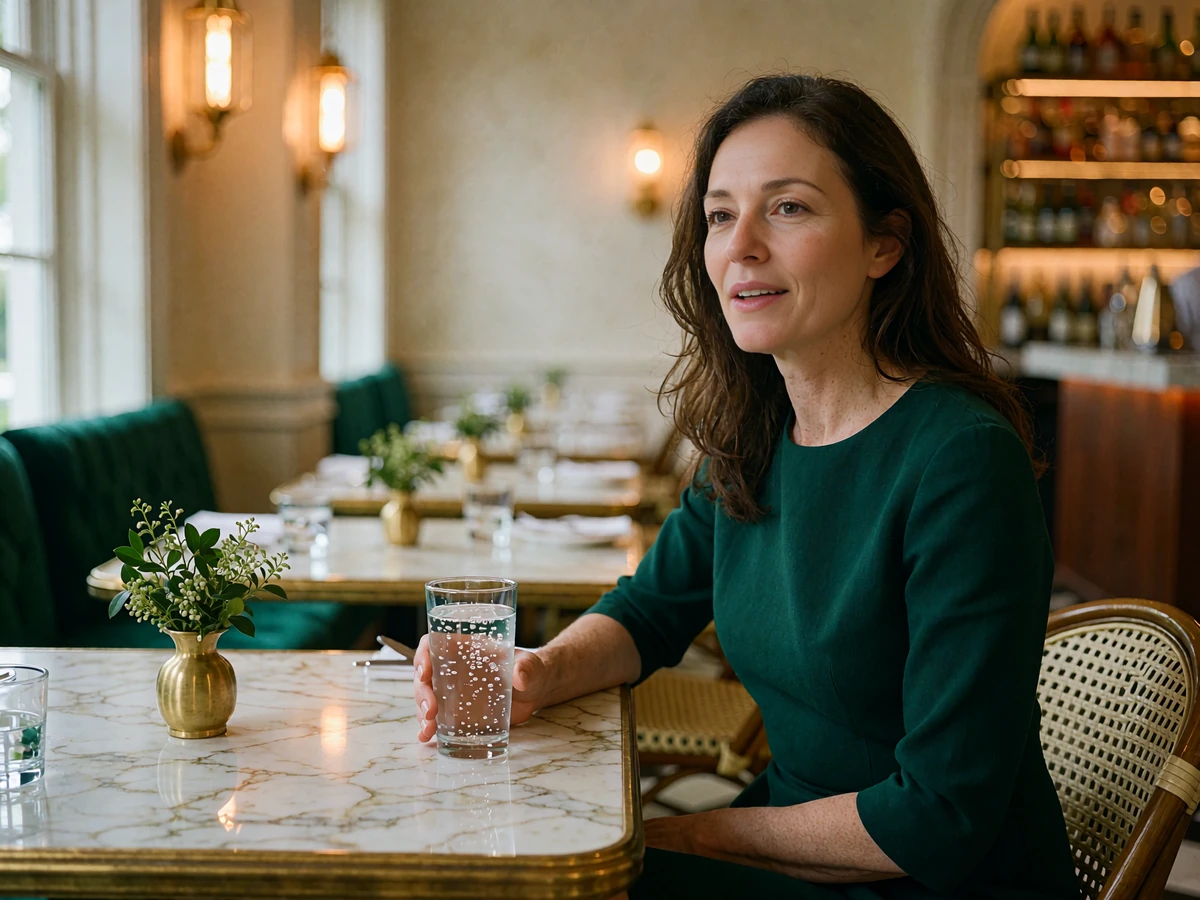 Elegant woman in an emerald dress at a marble table in an upscale Buckhead restaurant, mid-conversation