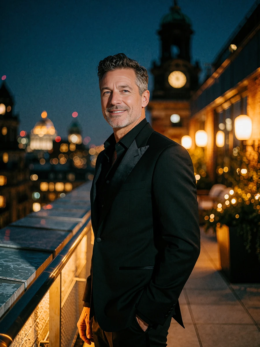 Well-groomed man in a black tuxedo jacket on a rooftop terrace at night, illustrative demo benefactor profile