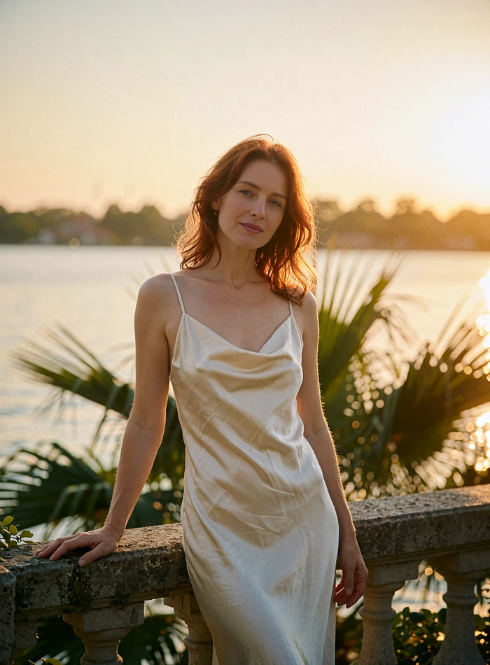 Woman in an ivory silk slip dress on a lakeside terrace at golden hour, illustrative Orlando profile