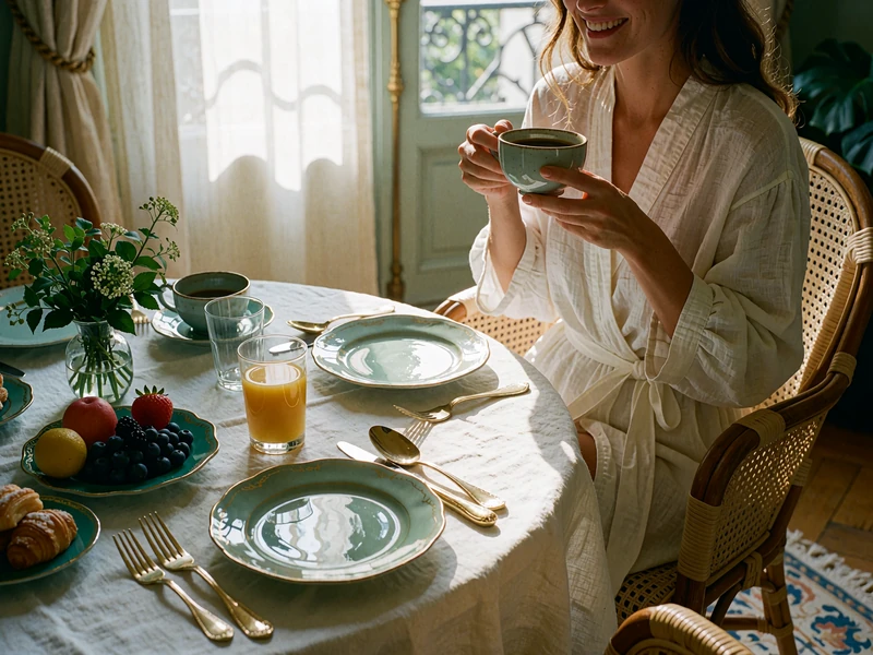 Woman in a white robe-style wrap laughing over breakfast for two at a sunlit boutique hotel table