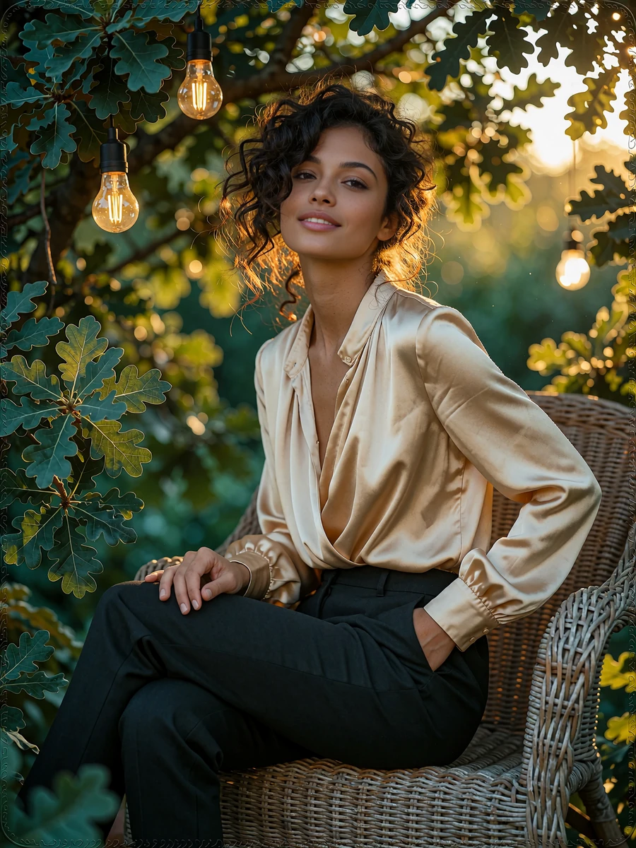 Woman with dark curls in a champagne silk blouse on a café terrace in Hyde Park Village Tampa, demo member portrait