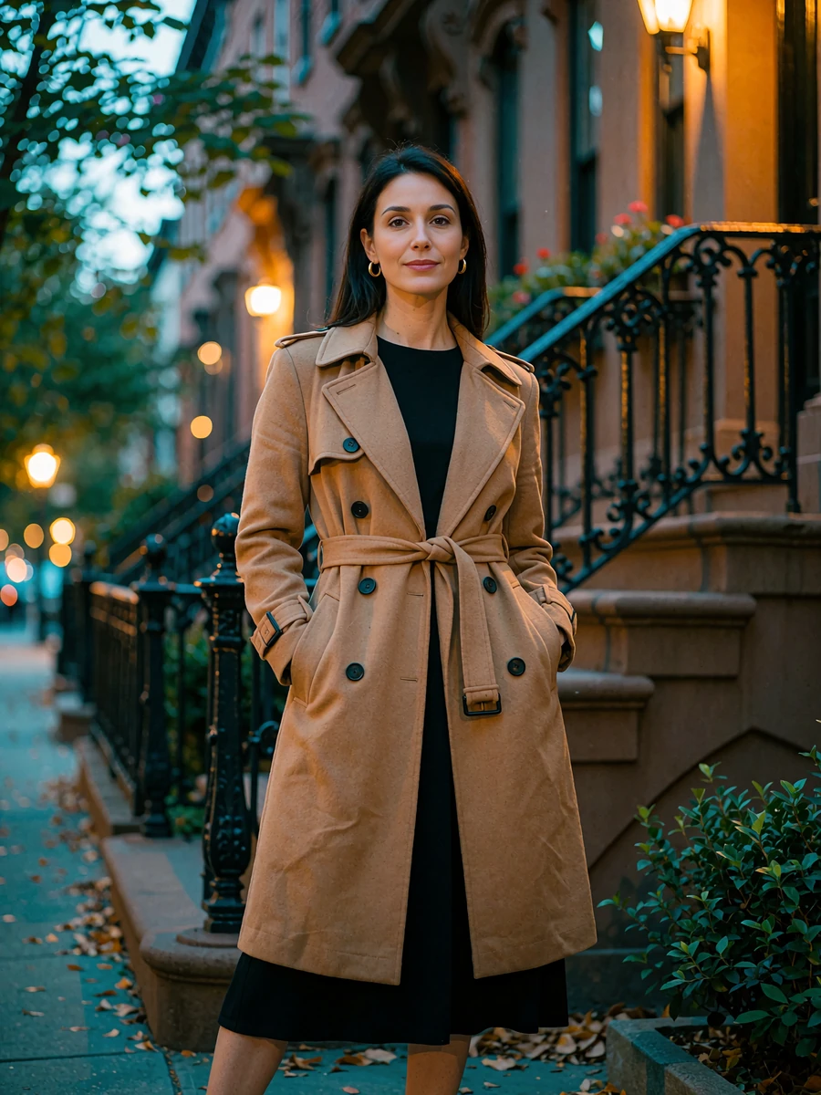 Woman with sleek dark hair in a camel trench coat standing on a New York townhouse stoop at blue hour, illustrative profile