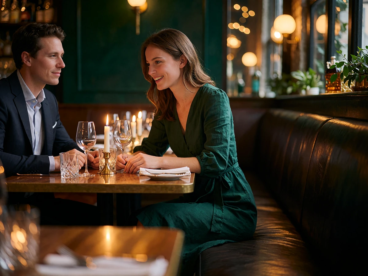 Anonymous couple sharing a candlelit dinner at a refined Chicago steakhouse table with warm bokeh lighting