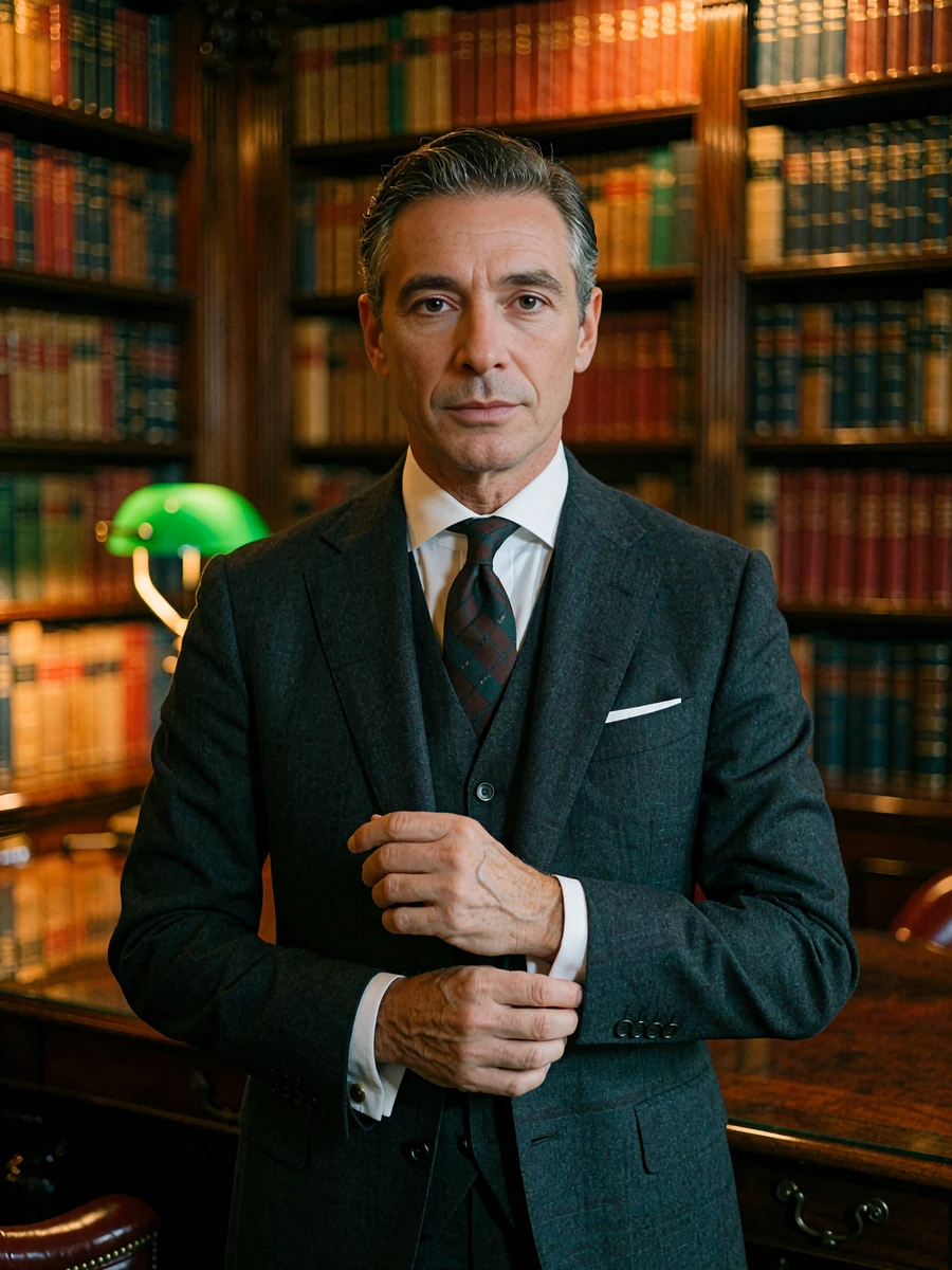 Distinguished man in a charcoal three-piece suit in a book-lined private club room, demo Boston member portrait