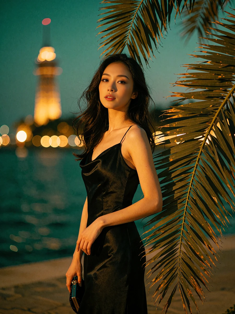 Woman with dark hair in a black satin evening gown on a bayfront promenade in Tampa at dusk, demo member portrait
