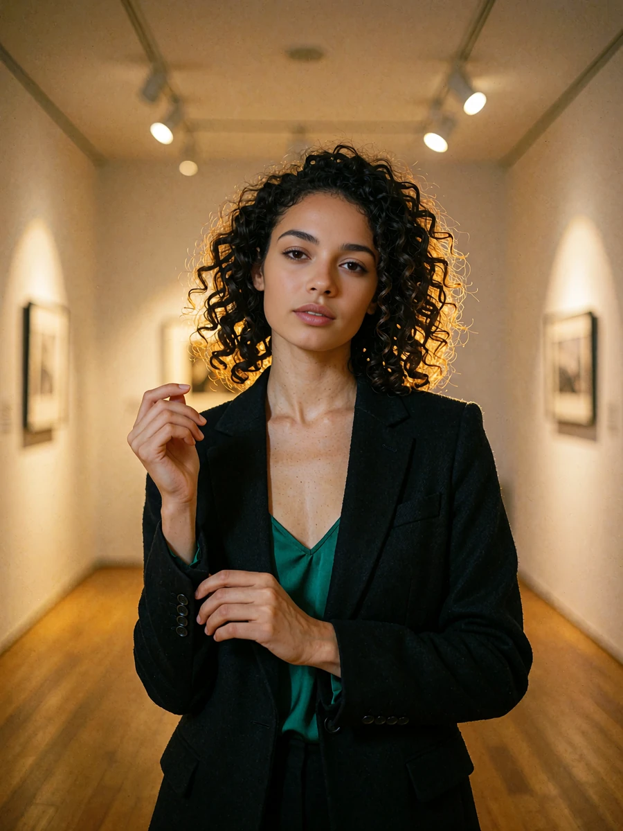 Woman with dark curls in a black blazer in a Portland gallery corridor, illustrative sugar baby profile photo