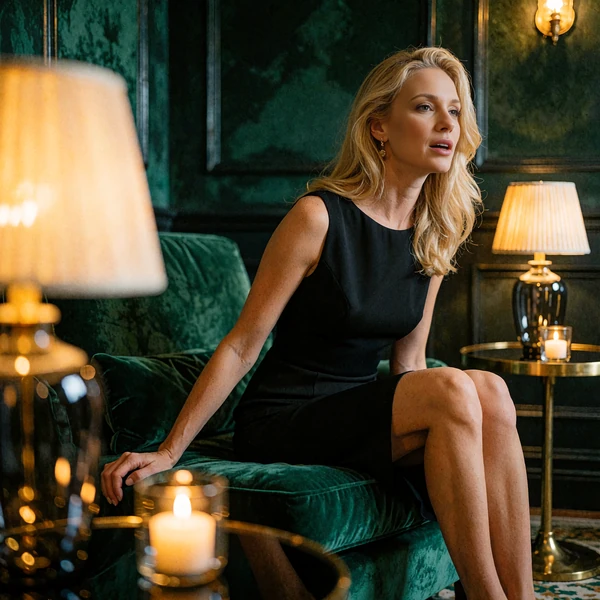 Poised woman in a black cocktail dress leaning forward mid-conversation on a velvet lounge chair