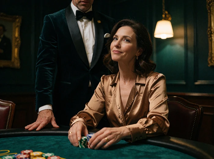 Woman in a bronze silk dress at a felt gaming table with a man in a dark dinner jacket standing behind her