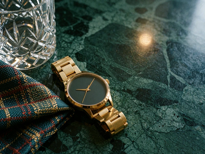 Gold mechanical wristwatch, silk pocket square and crystal tumbler arranged on dark green marble