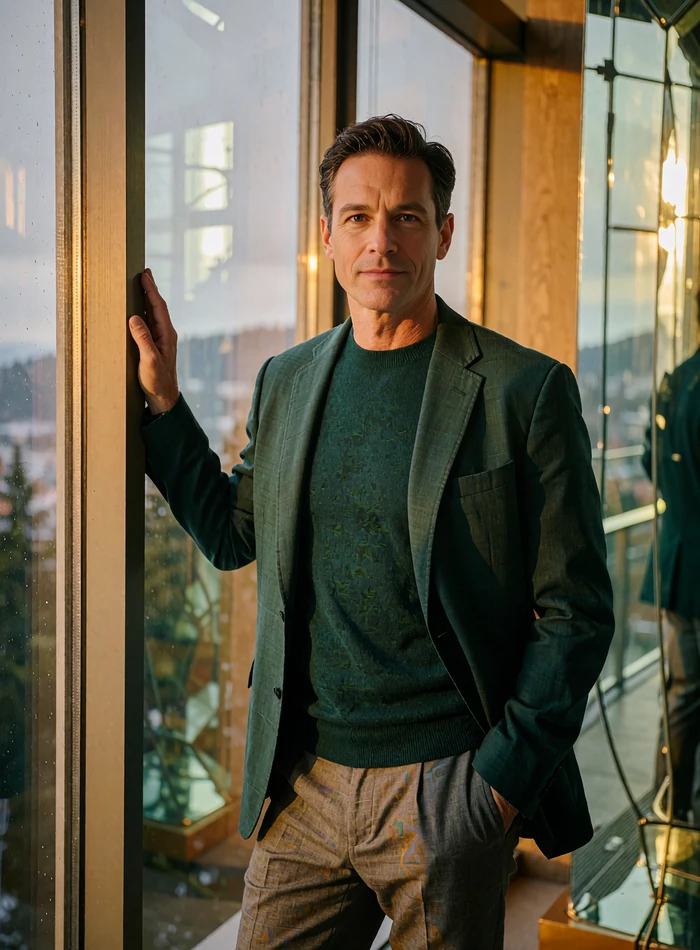 Man in a merino sweater and blazer beside a tall window in a modern Seattle high-rise office, illustrative benefactor profile