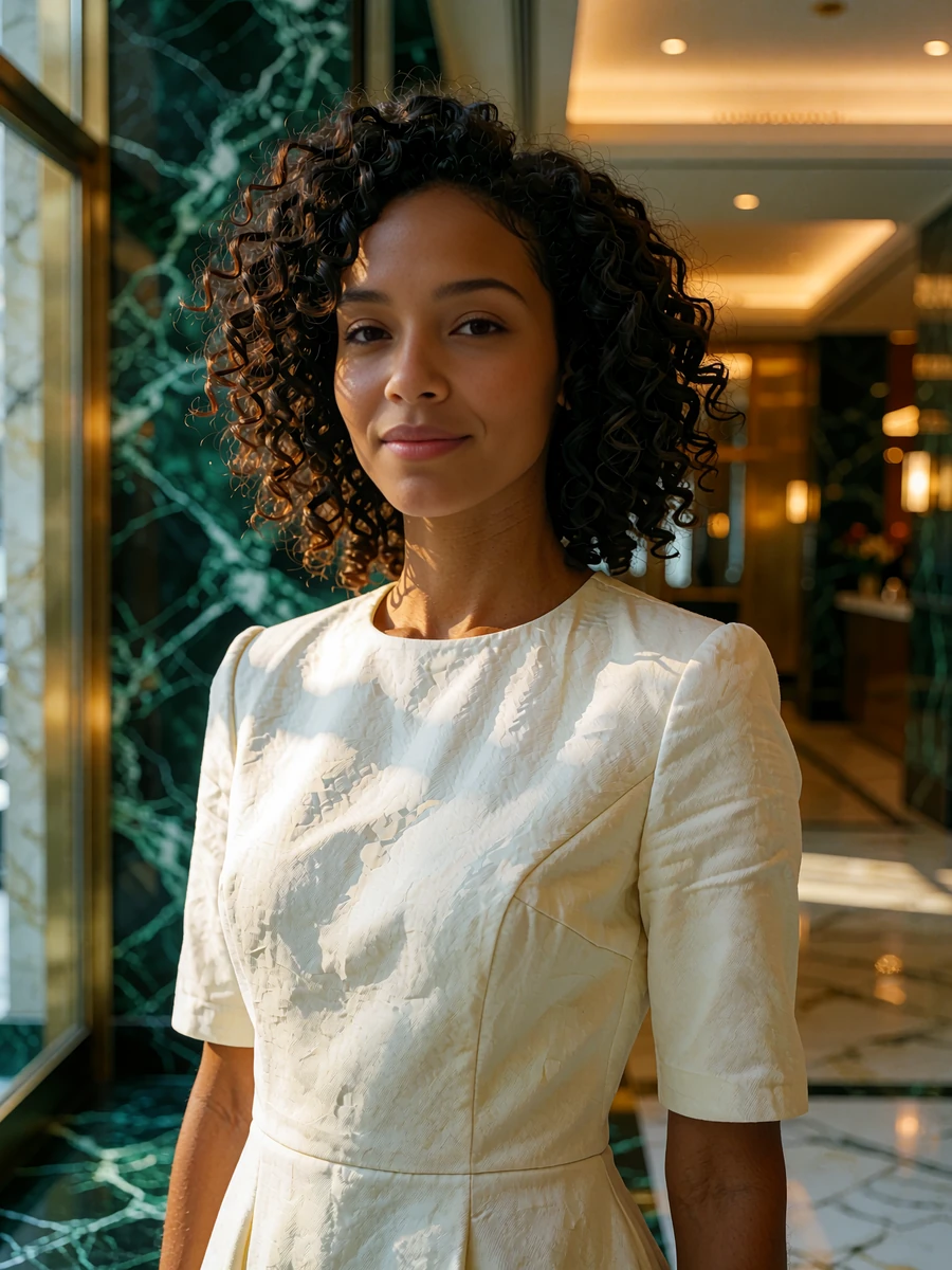 Woman with dark curls in a structured ivory dress standing in a warm marble hotel lobby, demo Atlanta member portrait