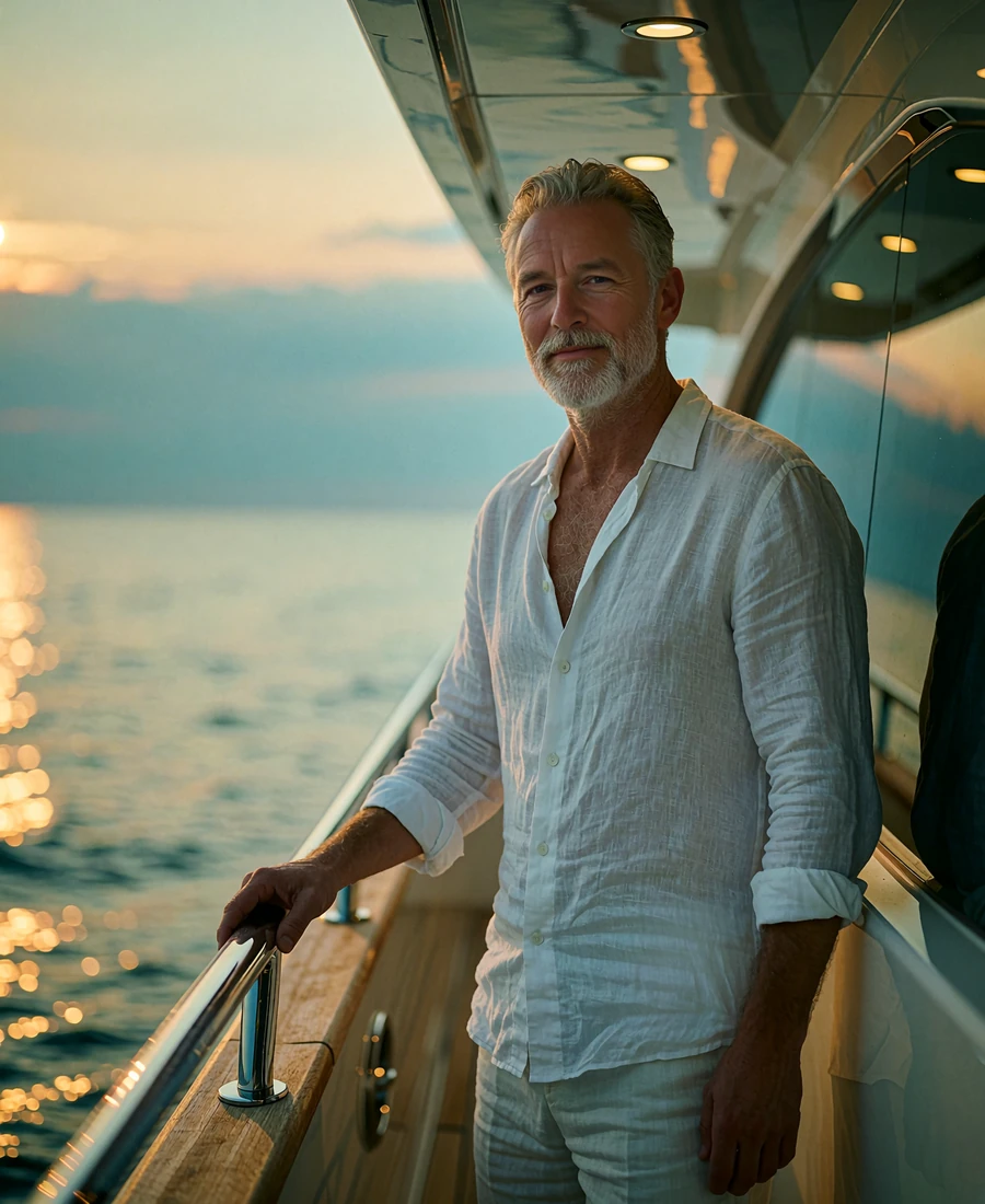 Man in an open-collar linen shirt standing on a yacht deck at dusk, an illustrative verified benefactor profile portrait