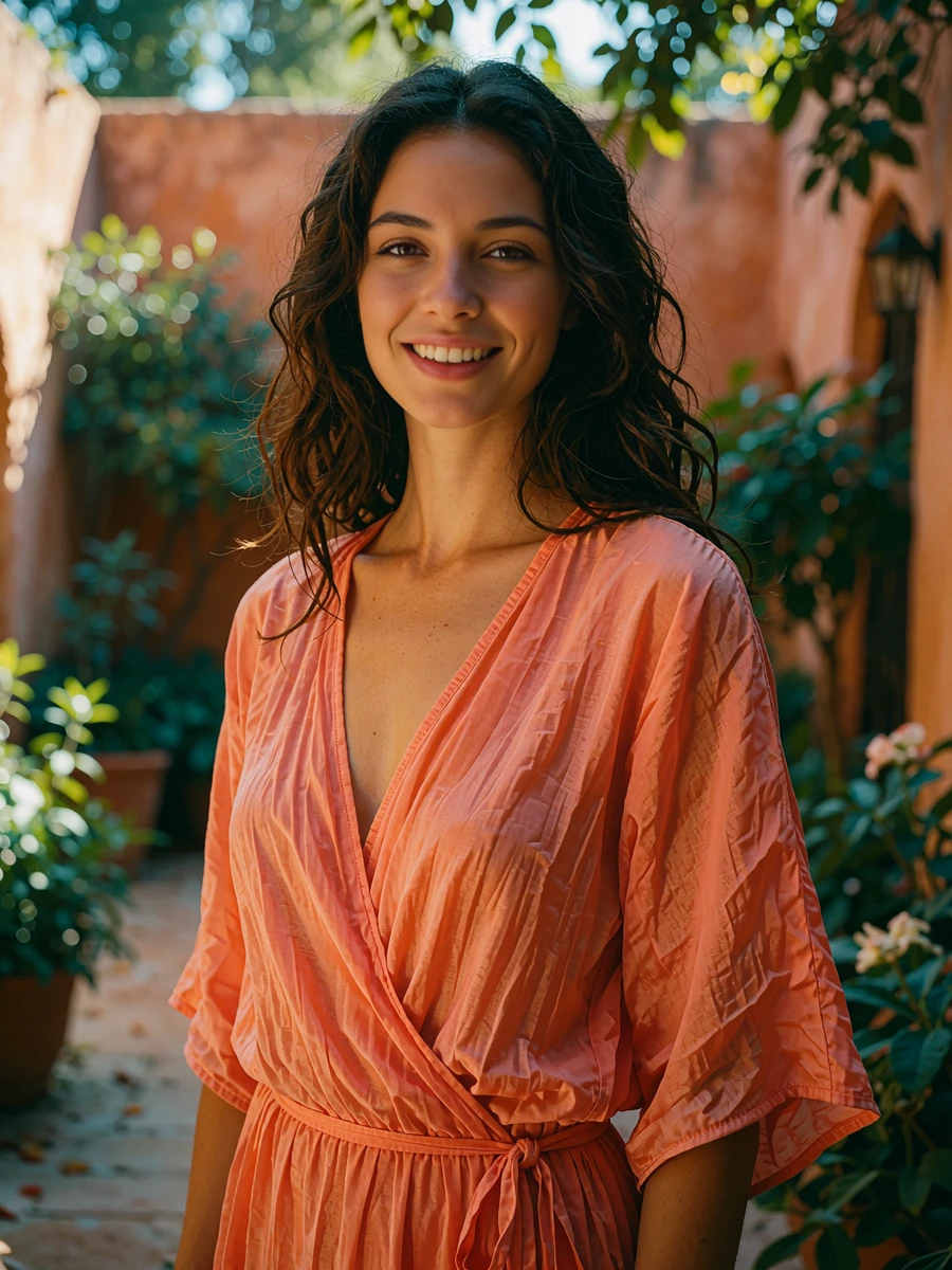 Woman with dark waves in a coral wrap dress smiling in a sunlit San Antonio courtyard, demo member portrait