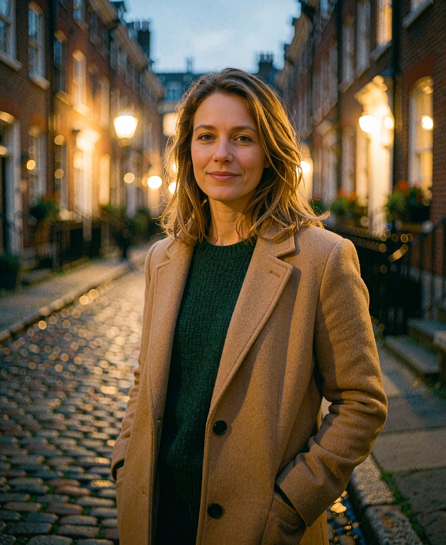 Woman with light brown hair in a camel wool coat on a cobbled evening street, illustrative Columbus sugar baby profile