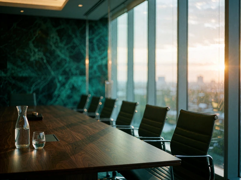 Empty executive boardroom with a long walnut table and tall glass walls catching early morning light