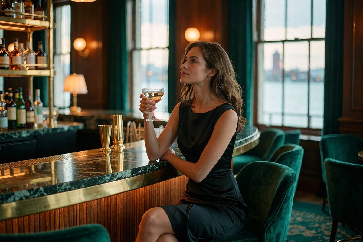 Poised woman in a black cocktail dress at a marble bar in a wood-panelled Seaport hotel lounge