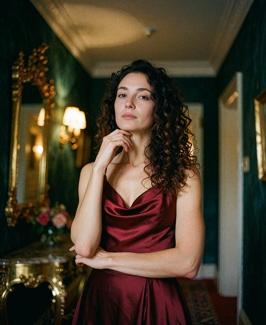 Woman with long dark curls in a burgundy satin gown in a shadowed hotel corridor, demo Columbus member portrait