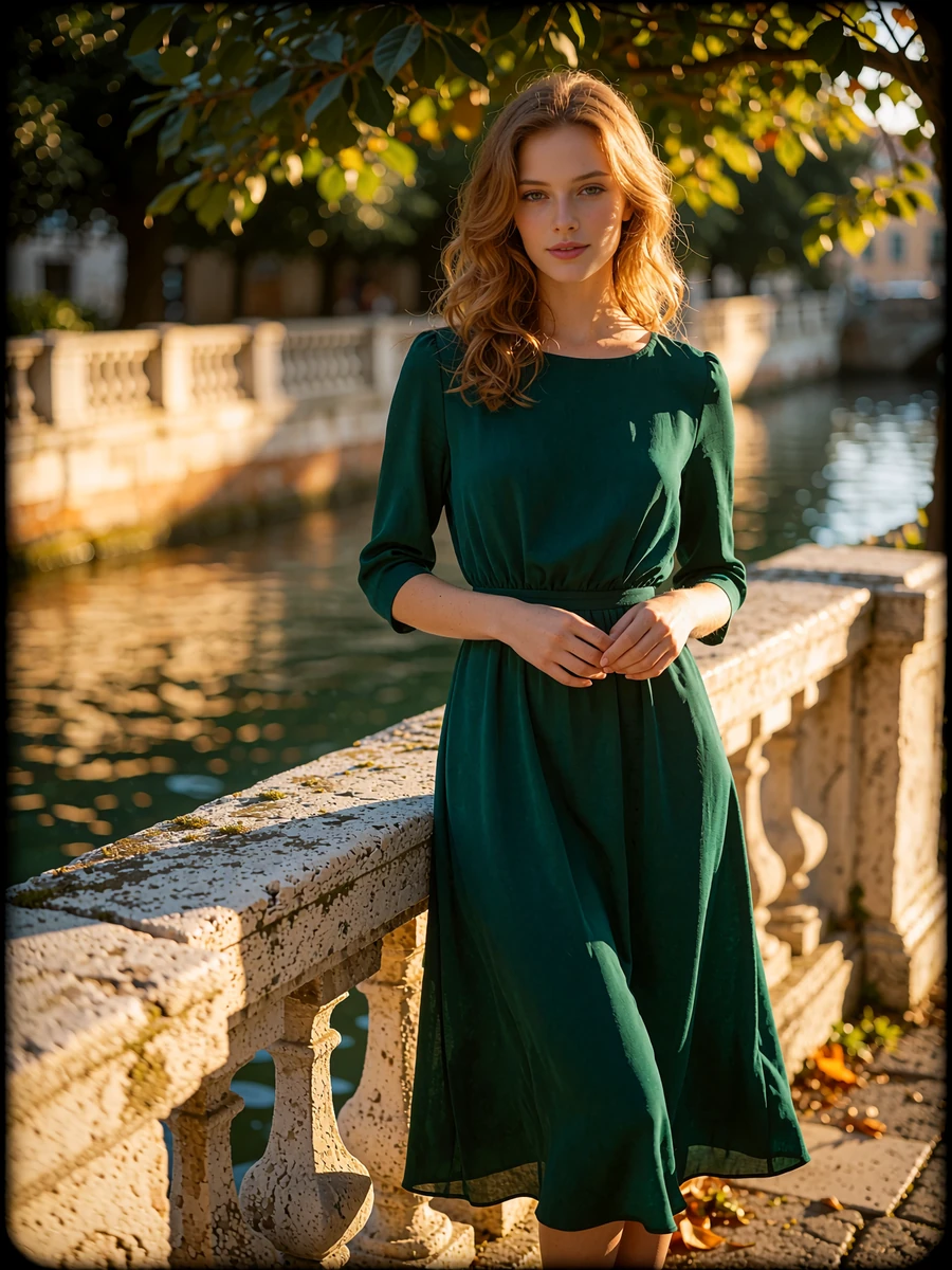 Woman with light auburn waves in an emerald midi dress beside the Indianapolis Canal Walk at golden hour