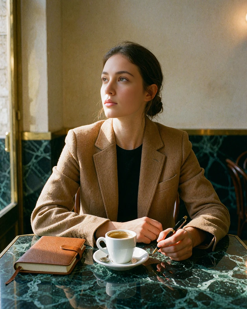 Poised young woman in a camel blazer with a closed notebook and espresso cup at a marble cafe table