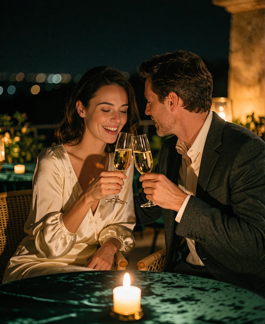 Couple touching champagne glasses at a candlelit private restaurant terrace at night