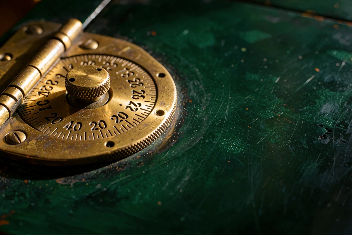 Close-up of an antique brass combination dial and hinge on a dark green lacquered strongbox