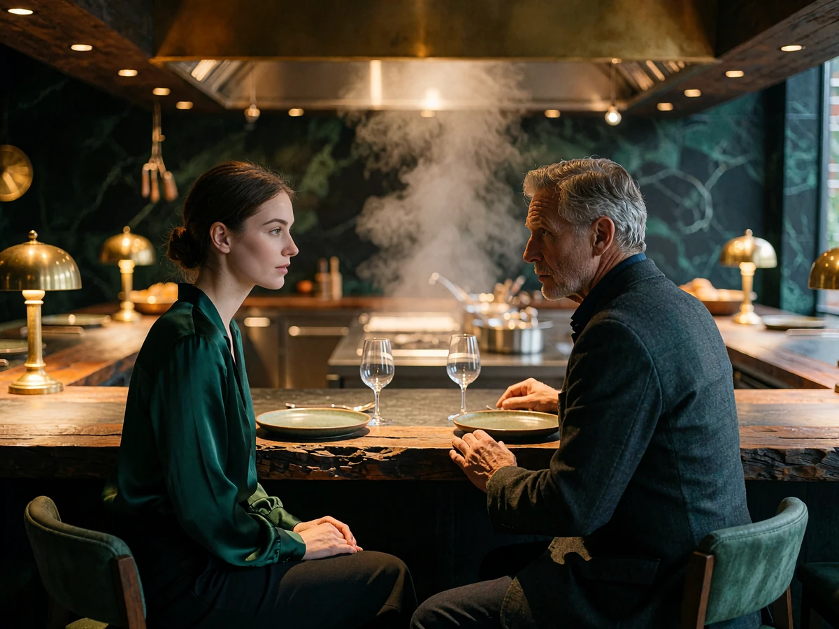 Woman in a green silk blouse and an older man in a dark jacket in quiet conversation at a chef's counter in Portland