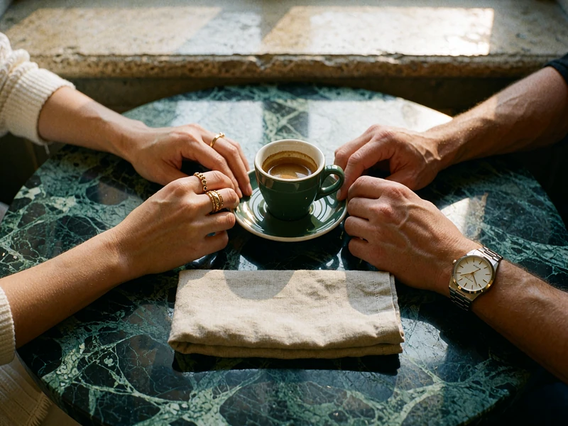 Two pairs of hands resting near each other on a dark green marble table beside a small espresso cup