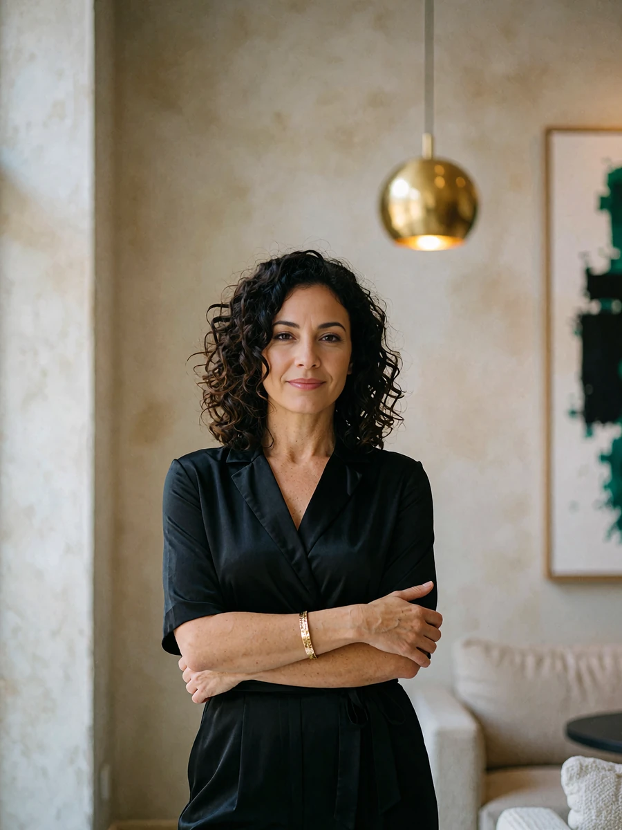 Woman with dark curls in a sleek black jumpsuit standing in a contemporary art-filled Dallas lounge, demo member portrait