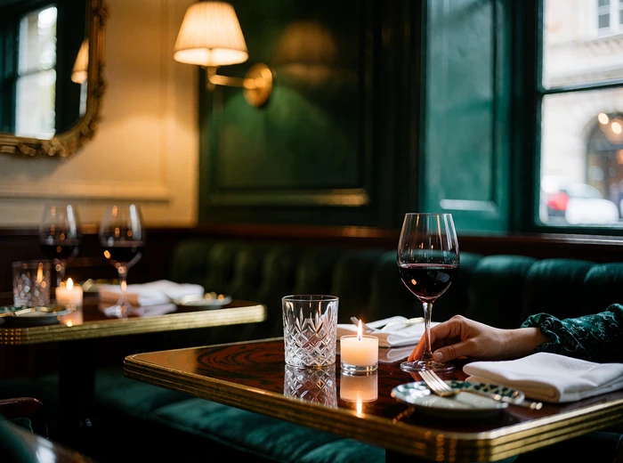 Two glasses of red wine and a low candle on a quiet restaurant table with a woman's hand resting near her glass