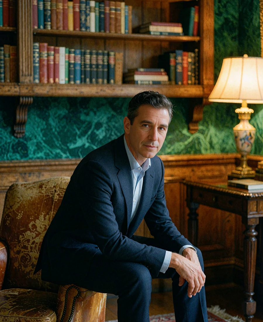 Man in a navy suit seated in a wood-panelled private study, an illustrative verified benefactor profile portrait