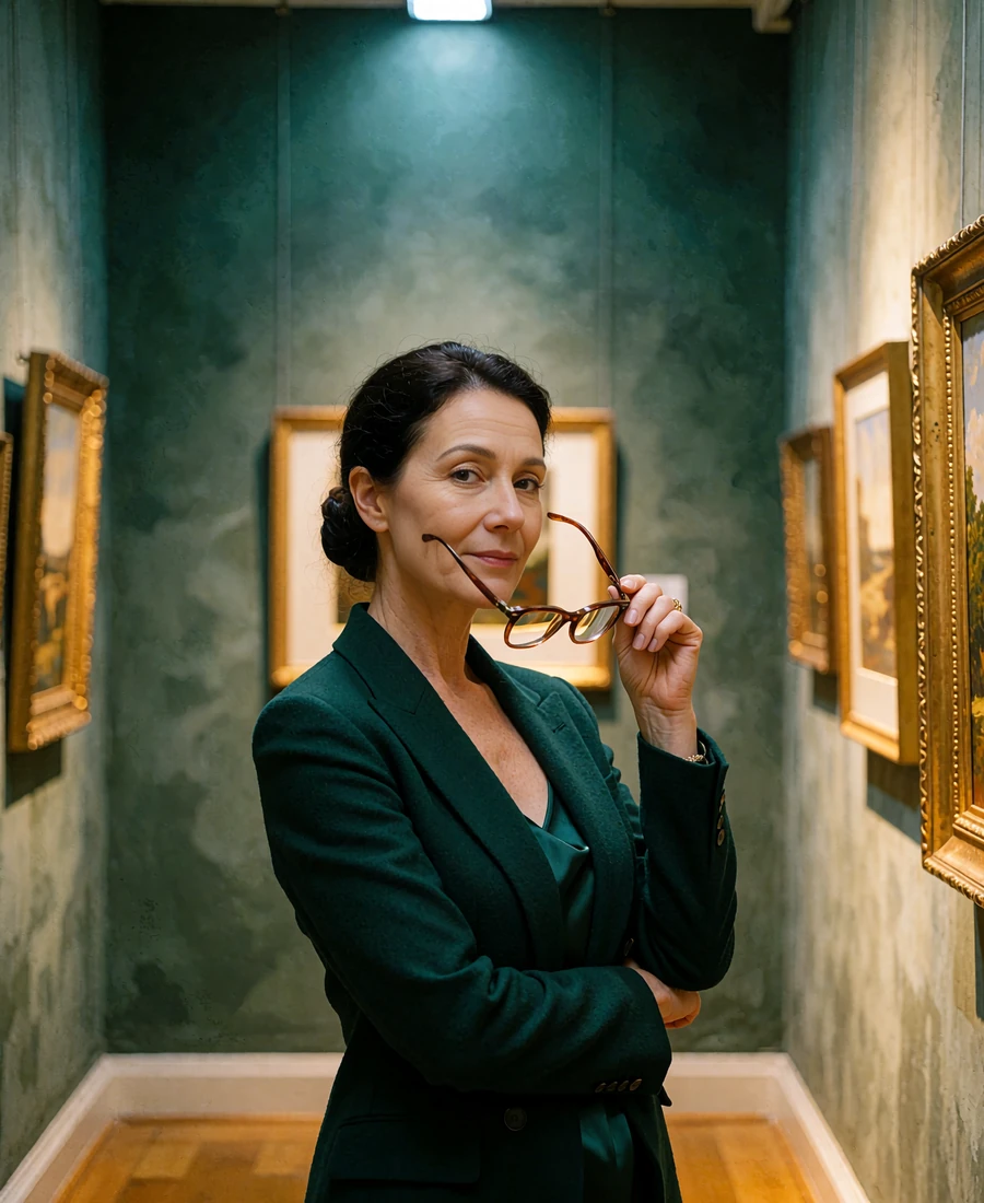 Poised woman in a structured emerald blazer in a private gallery viewing room, a demo sugar mama profile portrait