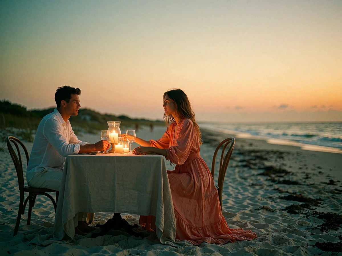 Couple dining at a beachfront table at dusk in Miami with candlelight and a warm gradient sky